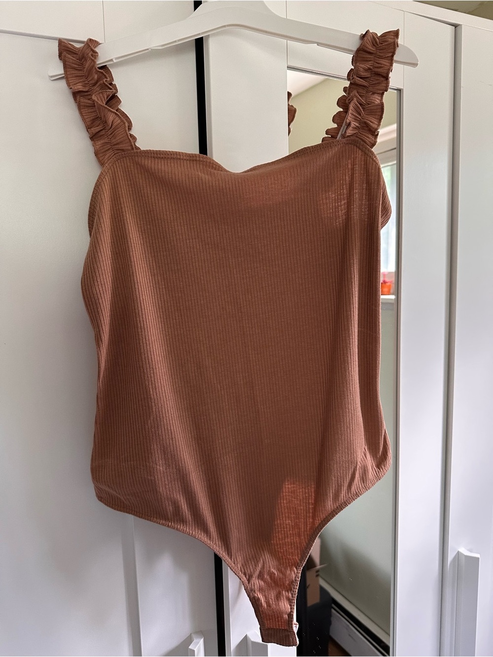 Ruffle Strap Ribbed Bodysuit - Brown